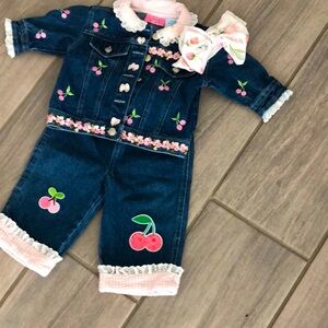 Pink cherry embellished Denim Jacket and Pants Set